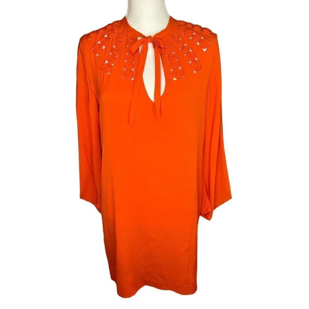 Diane von Furstenberg 100% Silk Orange Shirt Dress Silk Winged Sleeves Sz 4